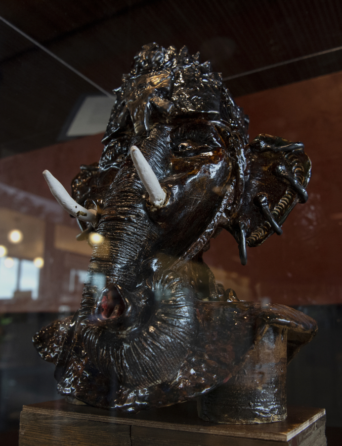 Claudia Carter's Elephant Goddess sculpture sits behind a glass case in the Vancouver Community Library's fifth-floor Vancouver Room. Carter is known for creating an annual Black History Month exhibit at the library.
