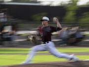 Ridgefield’s Joey Martin throws a pitch in a West Coast League baseball game on Tuesday, June 8, 2021, at the Ridgefield Outdoor Recration Complex. Martin led the WCL in strikeouts in 2019.