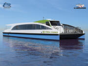 Conceptual renderings detail the envisioned design of the prototype Frog Ferry vessel, which will be built by All American Marine, based in Bellingham. The 65-foot vessel would be short enough to fit under Portland's Steel Bridge without requiring a bridge lift on most days.