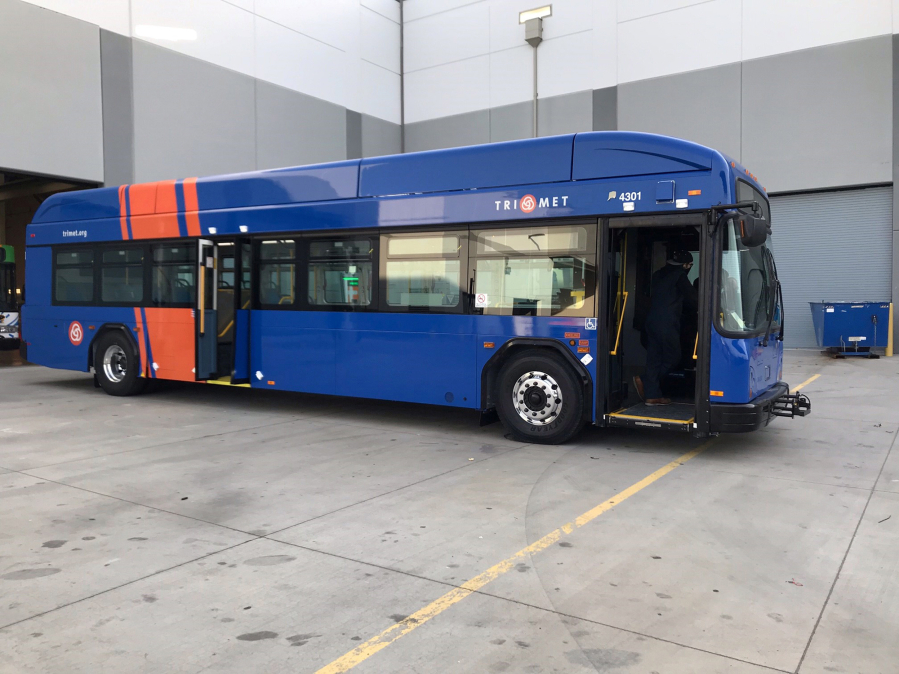 One of TriMet's new battery-electric buses from manufacturer Gillig sits outside a garage in March. C-Tran's board of directors voted Tuesday to authorize the purchase of eight buses of the same model to begin running in Clark County. The buses charge overnight and have an estimated range of 150-210 miles per charge.