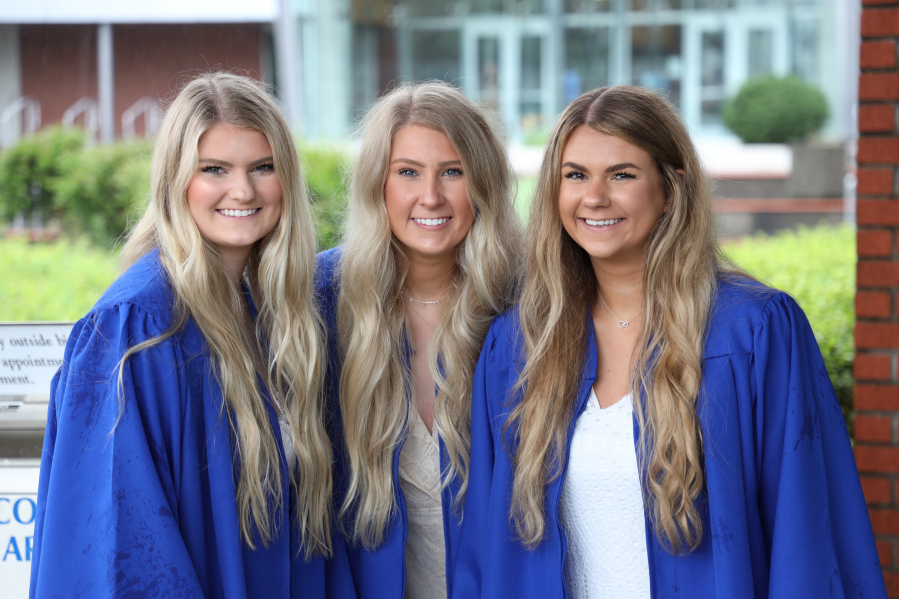 Three sisters -- from left, Marley Foster, 19; Carrigan Foster, 20; and McKelvey Foster, 21 -- will graduate together today as part of Clark College's Class of 2021.