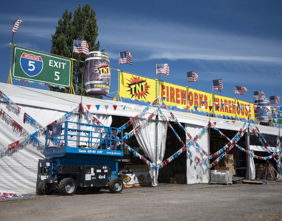 The TNT Fireworks Warehouse tent sits under sunshine on Thursday.