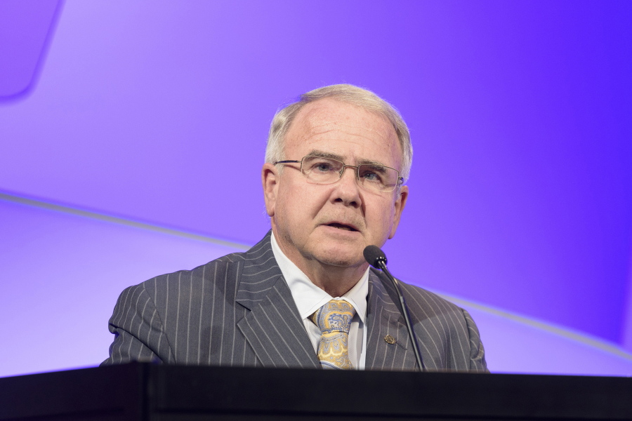 This November 2018 photo provided by the American Medical Association shows Gerald Harmon at the Interim Meeting of the AMA in National Harbor, Md. The nation's largest, most influential doctors' group is holding its annual policymaking meeting starting Friday, June 11, 2021, amid backlash over its most ambitious plan ever -- to help dismantle centuries-old racism and bias in all realms of the medical establishment. Harmon, the group's incoming president, knows he isn't the most obvious choice to lead the AMA at this pivotal time.