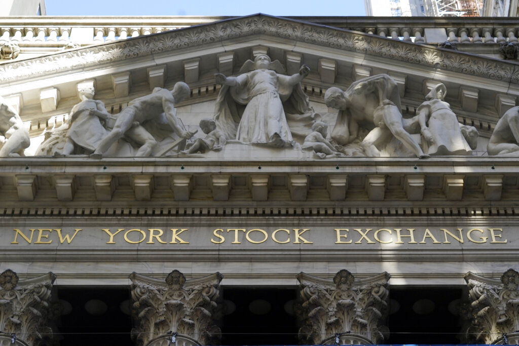 The facade of the New York Stock Exchange, is seen Wednesday, June 16, 2021. Stocks are opening mostly higher on Wall Street, getting the week off to a positive start after the S&amp;P 500 posted its biggest weekly decline since February. The benchmark index was up 0.3% in the first few minutes of trading Monday, June 21.
