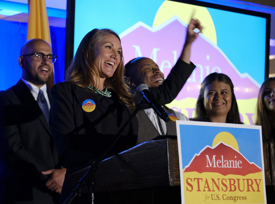 Melanie Stansbury addresses supporters at the Hotel Albuquerque, Tuesday, June 1, 2021, in Albuquerque, N.M., after winning the election in New Mexico's 1st Congressional District race to fill former U.S. Rep. Deb Haaland's seat. Haaland resigned her seat to become U.S. Secretary of the Interior.