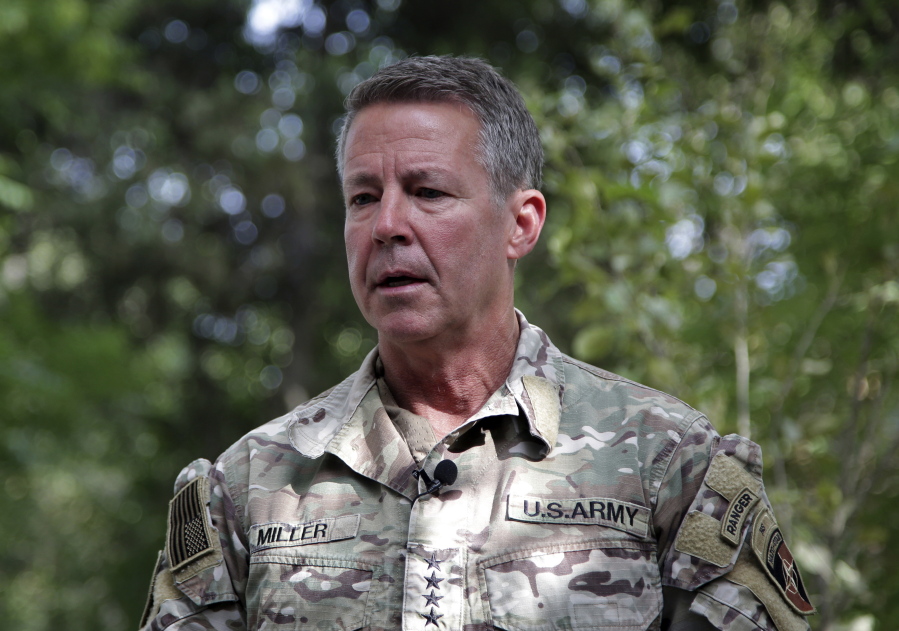 U.S. Army Gen. Austin S. Miller, the U.S.'s top general in Afghanistan, speaks to journalists at the Resolute Support headquarters, in Kabul, Afghanistan, Tuesday, June 29, 2021. Miller on Tuesday gave a sobering assessment of the country's deteriorating security situation as America winds down its so-called "forever war." He pointed to the rapid loss of districts around the country -- several with significant strategic value -- and said he fears the militias deployed to help the security forces could lead the country into civil war.