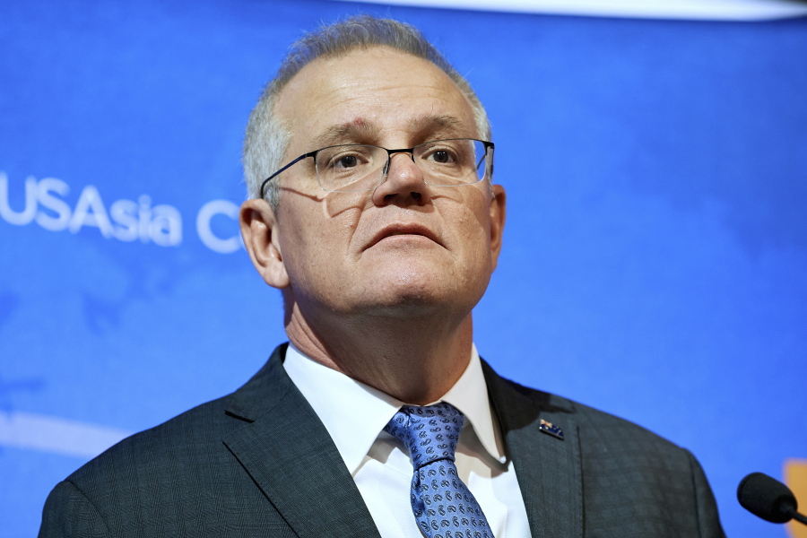 Australia's Prime Minister Scott Morrison addresses the Perth US Asia Centre in Perth, Wednesday, June 9, 2021. The World Trade Organization should penalize "bad behavior when it occurs," Morrison said ahead of a Group of Seven leaders' meeting in Britain where he hopes to garner international support in a trade dispute with China.