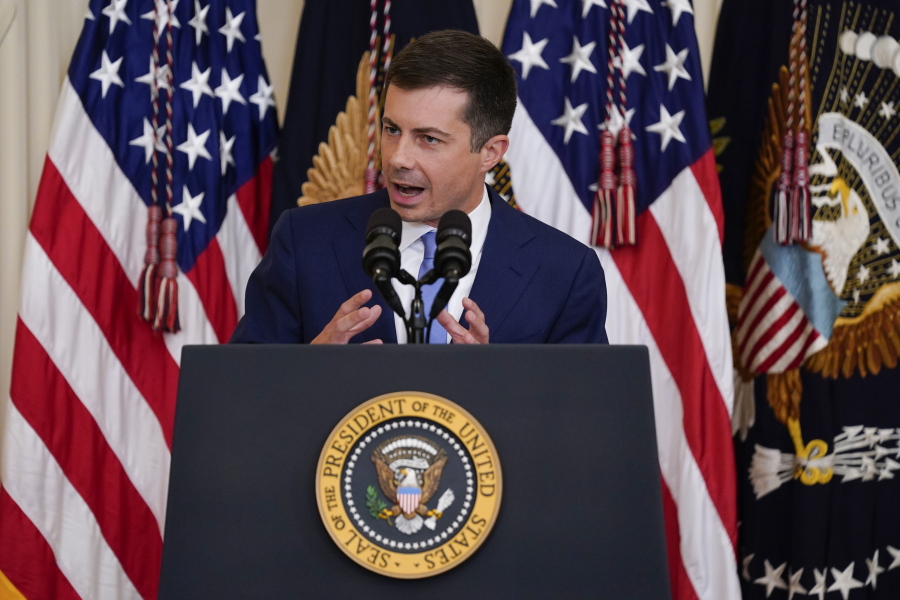 Transportation Secretary Pete Buttigieg speaks during an event to commemorate Pride Month, in the East Room of the White House, Friday, June 25, 2021, in Washington.
