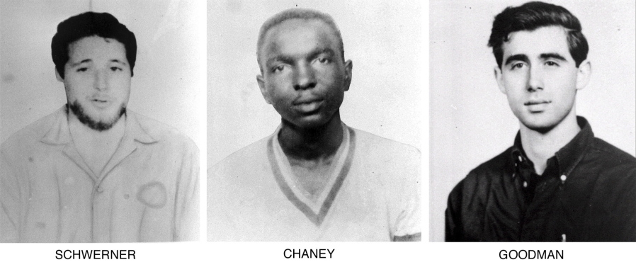 FILE - On June 29, 1964, the FBI began distributing these pictures of civil rights workers, from left, Michael Schwerner, 24, of New York, James Cheney, 21, from Mississippi, and Andrew Goodman, 20, of New York, who disappeared near Philadelphia, Miss., June 21, 1964. Never before seen case files, photographs and other records documenting the investigation into the infamous slayings of the three civil rights workers in Mississippi are now open to the public announced on Monday, June 21, 2021, for the first time, 57 years after their deaths. The 1964 killings of civil rights activists Chaney, Goodman, and Schwerner in Neshoba County sparked national outrage and helped spur passage of the 1964 Civil Rights Act.