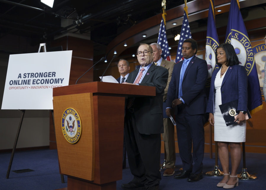 House Judiciary Committee Chair Jerrold Nadler, D-N.Y., joined by, from left, Rep. David Cicilline, D-R.I., chairman of the antitrust subcommittee, Rep. Ken Buck, R-Colo., the ranking member of the antitrust subcommittee, Rep. Joe Neguse, D-Colo., and Rep. Pramila Jayapal, D-Wash., chair of the Congressional Progressive Caucus, speaks to reporters about antitrust bills to be introduced at the Capitol in Washington, Wednesday, June 16, 2021. (AP Photo/J.