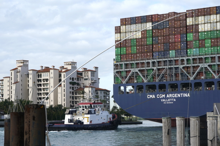This April 6, 2021 photo shows the CMA CGM Argentina arrives at PortMiami in Miami.  The U.S.