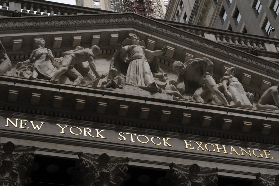 FILE - The front of the New York Stock Exchange is shown, Monday, May 24, 2021. Stocks are opening solidly higher on Wall Street Friday, June 11 keeping the S&P 500 on track for its third weekly gain in a row. The benchmark index was up 0.1%.