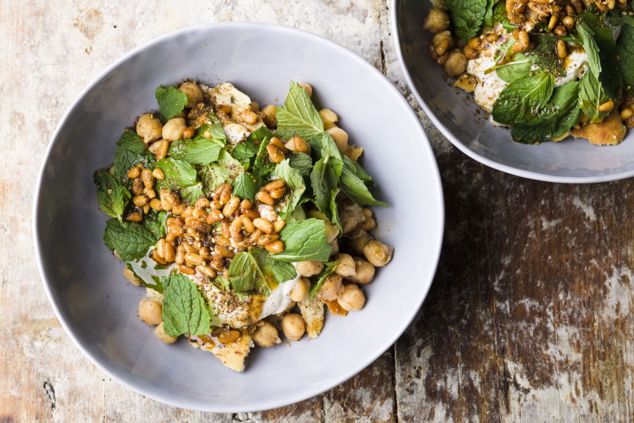 A recipe for chickpea salad with yogurt and mint.