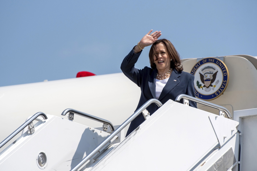 Vice President Kamala Harris arrives at Greenville-Spartanburg International Airport in S.C., on Monday, June 14, 2021. Harris is stopping in South Carolina to kick off a nationwide push by the White House to get more Americans vaccinated against COVID-19 before the July 4 holiday.  (John A.