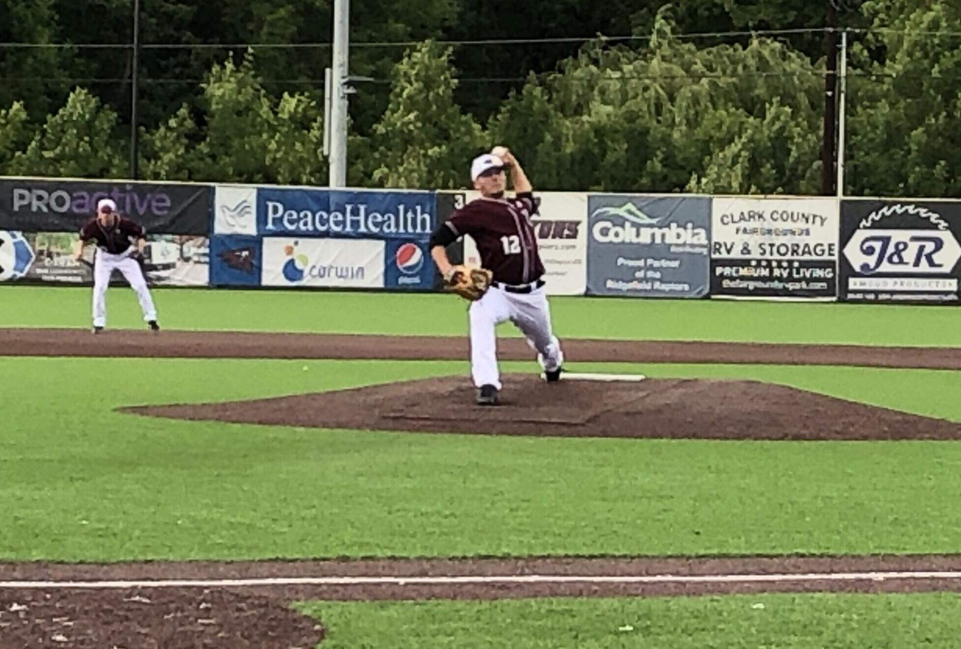 Ridgefield Raptors starting pitcher Nick Nygard, a Columbia River grad, pitches against the Bend Elks on Saturday at Ridgefield Outdoor Recreation Complex.