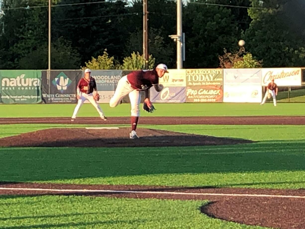 Ridgefield Raptor pitcher Nate Weeldreyer pitched five strong innings in a 13-5 win over the Yakima Valley Pippins on Wednesday in Ridgefield (Micah Rice/The Columbian)