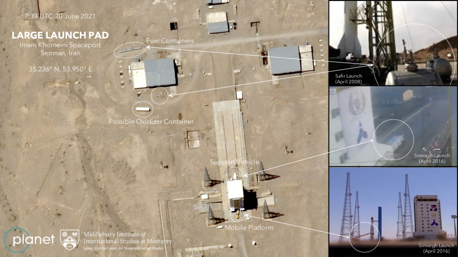 This satellite image provided by Planet Labs Inc. that has been annotated by experts at the James Martin Center for Nonproliferation Studies at Middlebury Institute of International Studies shows preparation at the Imam Khomeini Spaceport in Iran's Semnan province on  June 20, 2021 before what experts believe will be the launch of a satellite-carrying rocket. Iran likely conducted a failed launch of a satellite-carrying rocket in recent days and now appears to be preparing to try again, their latest effort to advance their space program amid tensions with the West over its tattered nuclear deal.