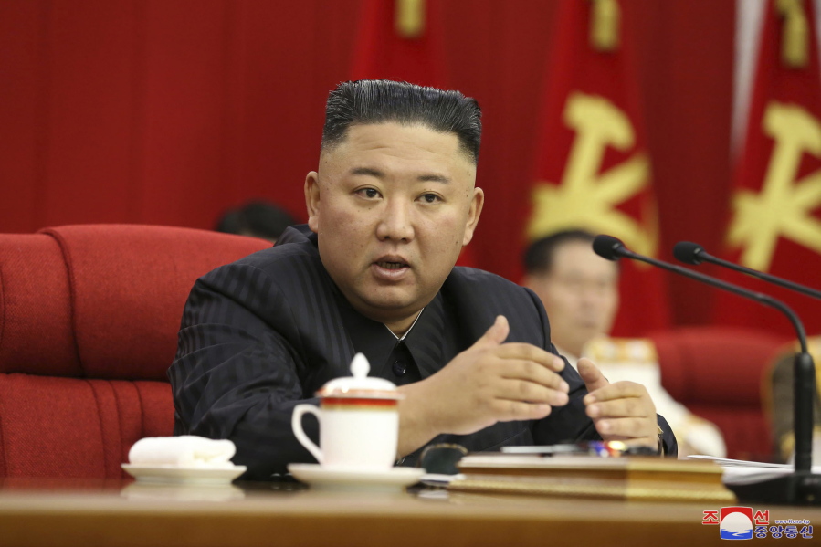 In this photo provided by the North Korean government, North Korean leader Kim Jong Un speaks during a Workers' Party meeting in Pyongyang, North Korea, Thursday, June 17, 2021. Kim ordered his government to be fully prepared for confrontation with the Biden administration, state media reported Friday, June 18, days after the United States and other major powers urged the North to abandon its nuclear program and return to talks. Independent journalists were not given access to cover the event depicted in this image distributed by the North Korean government. The content of this image is as provided and cannot be independently verified.