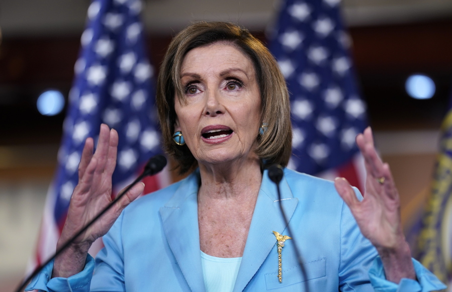Speaker of the House Nancy Pelosi, D-Calif., talks to reporters just after the Supreme Court dismissed a challenge to the Obama-era health care law, at the Capitol in Washington, Thursday, June 17, 2021. (AP Photo/J.
