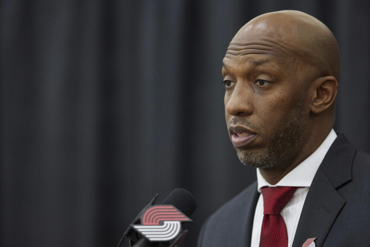 Chauncey Billups talks to media after being announced as the head coach of the Portland Trail Blazers at the team's practice facility in Tualatin, Ore., Tuesday, June 29, 2021.