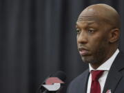 Chauncey Billups talks to media after being announced as the head coach of the Portland Trail Blazers at the team's practice facility in Tualatin, Ore., Tuesday, June 29, 2021.