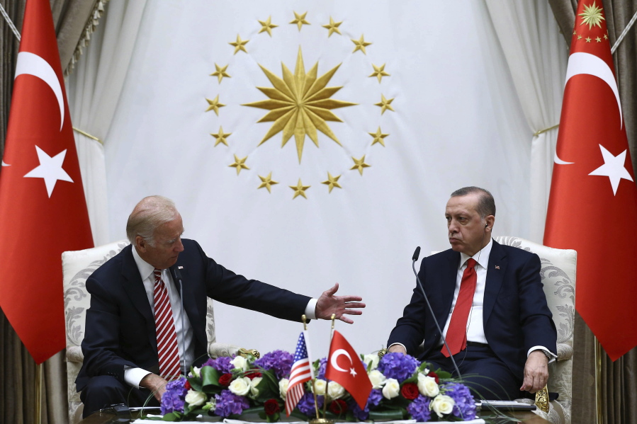 FILE - In this Aug. 24, 2016, file photo, U.S. Vice President Joe Biden, left, and Turkish President Recep Tayyip Erdogan speak to the media after a meeting in Ankara, Turkey. Biden and Turkish counterpart Erdogan have known each other for years, but their meeting Monday, June 14, 2021, will be their first as heads of state. And it comes at a particularly tense moment for relations between their two countries.