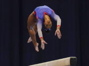 Jordan Chiles competes on the balance beam during the women's U.S. Olympic Gymnastics Trials Friday, June 25, 2021, in St. Louis.