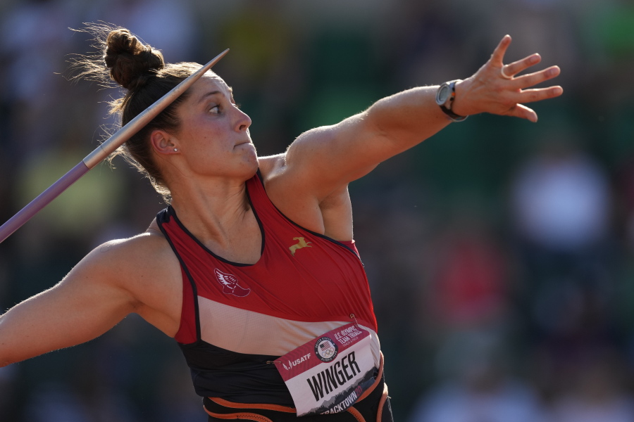 Kara Winger competes during the finals of the women's javelin throw at the U.S. Olympic Track and Field Trials Saturday, June 26, 2021, in Eugene, Ore.
