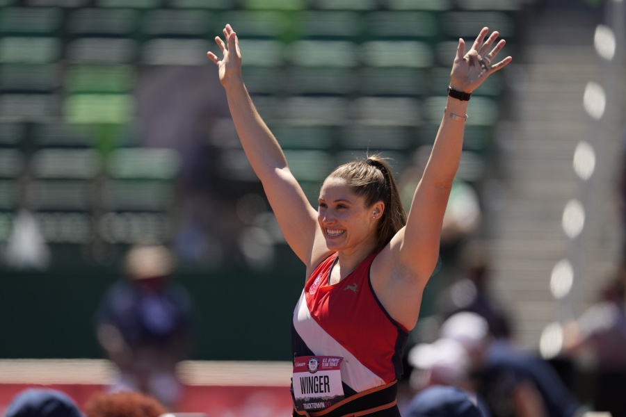 Kara Winger celebrates during the qualifying round for women's javelin throw at the U.S. Olympic Track and Field Trials Friday, June 25, 2021, in Eugene, Ore.