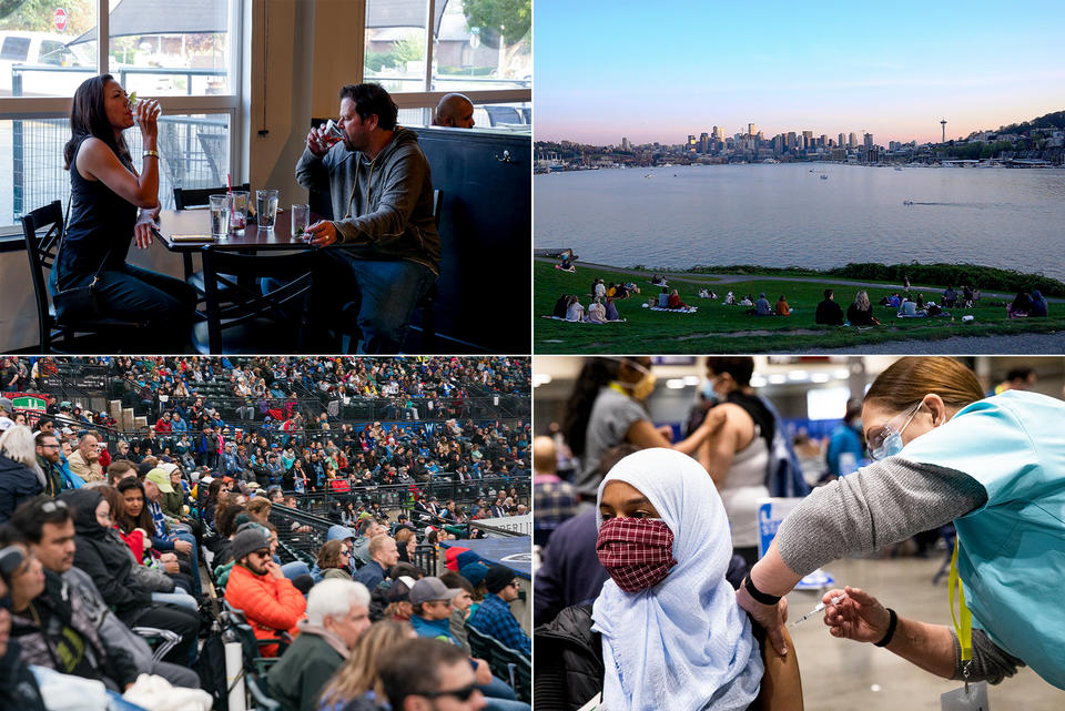Top left: Rob Henning and Dana Hunter, Ellensburg locals and long-time Red Pickle regulars on Sept. 9, 2020. (Emily McCarty/Crosscut) Top right: People gather at Gas Works Park on Thursday, April 9, 2020 in Seattle. (Sarah Hoffman/Crosscut) Bottom left: Reign FC plays the Portland Thorns FC at Cheney Stadium in Tacoma on Sunday, Sept. 29, 2019. (Jovelle Tamayo for Crosscut) Bottom right: Iman Hassan of Seattle receives her first dose of the COVID-19 vaccine at Lumen Field Event Center's COVID-19 vaccination site on March 13, 2021. (Matt M.