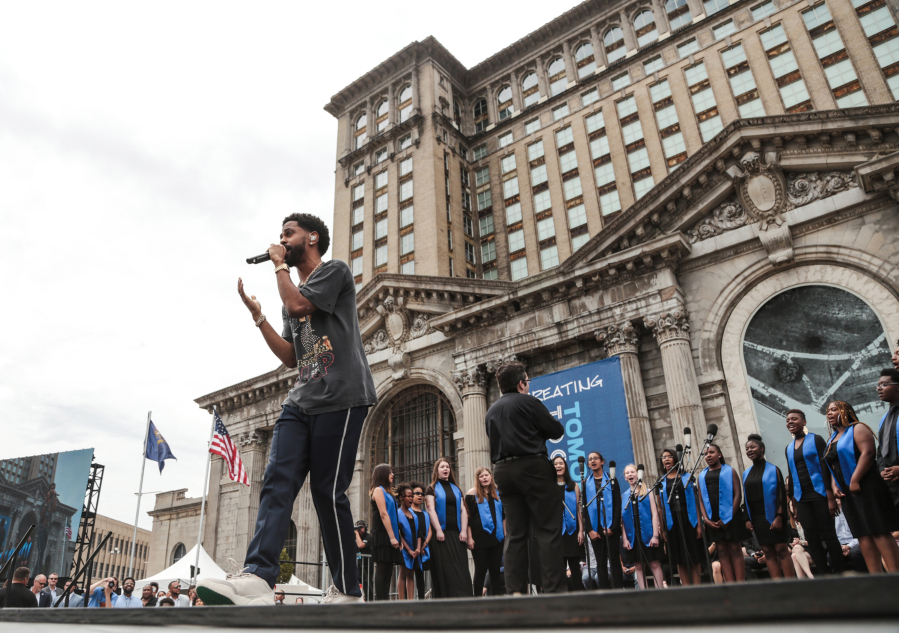 Big Sean performs with the Detroit Children's Choir on June 19, 2018, during the celebration of Ford Motor Company buying the Michigan Central Station in Corktown, a Detroit neighborhood (Ryan Garza/Detroit Free Press)