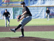 Ridgefield Raptors starting pitcher Nate Weeldreyer allowed two runs on three hits in his four innings on Saturday, July 10, 2021 against the Cowlitz Black Bears at David Story Field in Longview. Weeldreyer had three strikeouts and two walks but didn’t figure in the decision at the Black Bears won 3-2 in 11 innings.