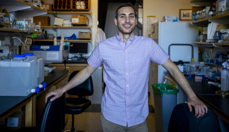 Andrew Goldstein, 38, in his lab at UCLA on Monday, June 28, 2021 in Westwood, California. Goldstein is a biology professor and is participating in a study that could lead the FDA to reassess its restrictions on gay men donating blood.