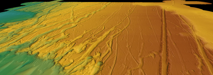 These 3D perspective views of the seafloor bathymetry from multibeam sonar offshore of South Carolina show numerous grooves carved by drifting icebergs. As iceberg keels plow into the seafloor, they dig deep grooves that push aside boulders and piles of sand and mud along their tracks. Sediment cores from nearby buried iceberg scours were used to determine when these icebergs traveled south along the coast. (Jenna Hill/U.S.
