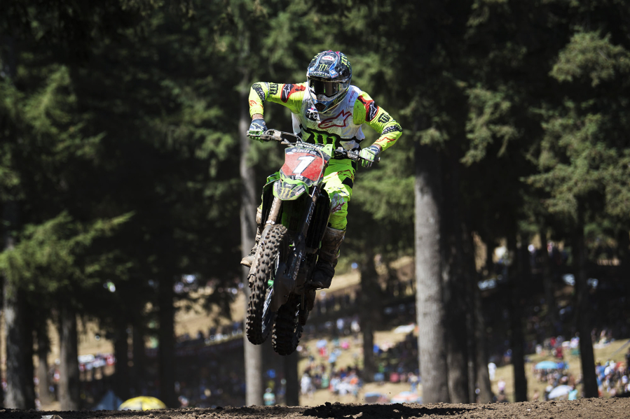 Eli Tomac leads the pack before winning the 450 Class Moto #1 at the Washougal National Lucas Oil Pro Motocross at the Washougal MX Park on Saturday afternoon, July 28, 2018.