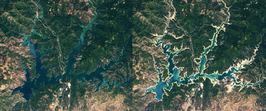 Satellite imagery shows Shasta Lake in July 2019, left, and June 2021. The state???s largest reservoir is at about 35% of its capacity, officials said.