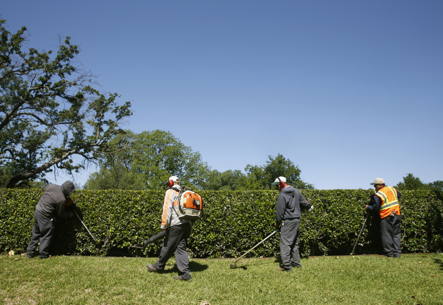 Workers trim up the entryway to a neighborhood in Lake Forest in Dallas on May 4, 2017. Companies use H-2B visas to recruit seasonal workers for landscaping, food preparation, construction and other manual work. In 2019, Texas led all states with over 16,000 positions certified for H-2B visas.