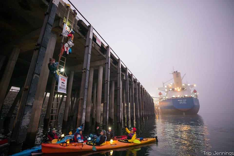 Protesters with the activist groups Mosquito Fleet and Portland Rising Tide attempted to block a ship from docking at the Port of Vancouver to offload oil pipe supplies on Nov. 5, 2019. Criminal charges against four of the climate activists have been dropped.