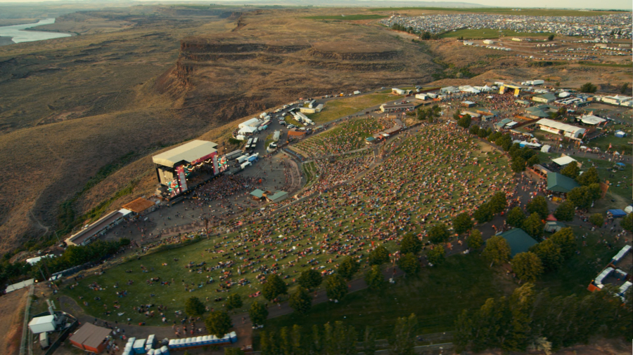 A bird's-eye view of the Gorge Amphitheatre, directly below, and the campground, upper right.