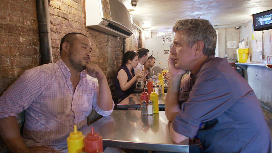 David Chang, left, and Anthony Bourdain in Morgan Neville's new documentary, "Roadrunner." (Contributed by Focus Features, in association with Zero Point Zero)