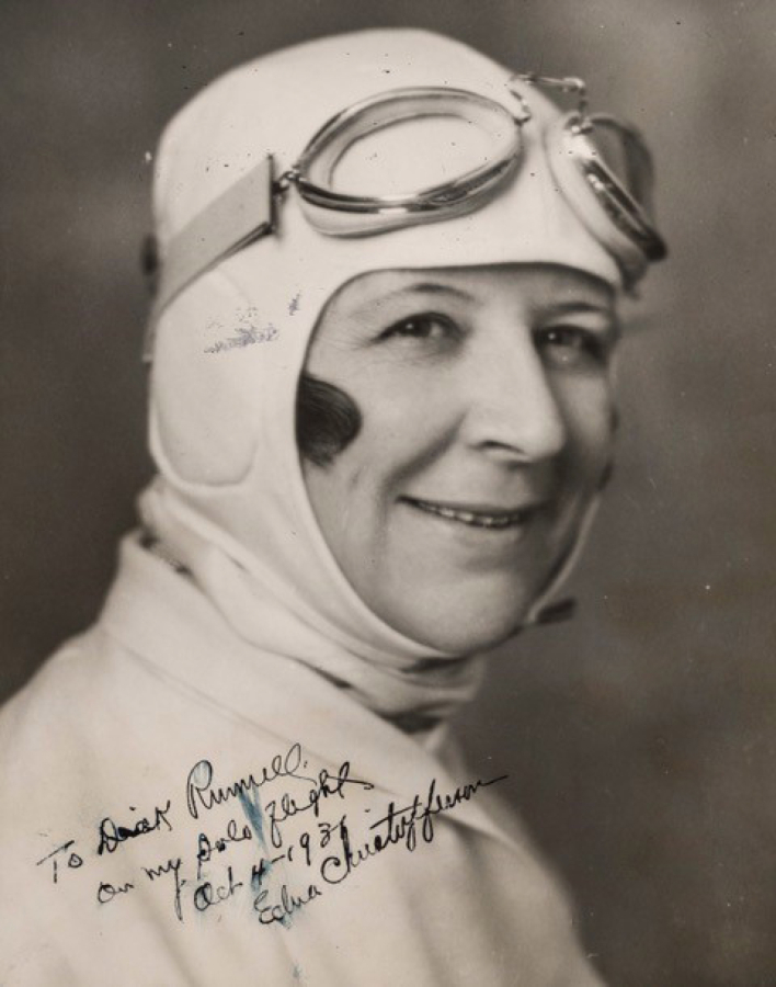 Edna Christofferson watched her daredevil husband fly off the Multnomah Hotel and land at the Vancouver Barracks successfully, only to later watch him fall 100 feet from the sky to his death while testing an experimental plane. She delayed getting her own pilot's license until late 1931. A crack shot, she was an advocate of women's self-defense using firearms. She was among the first X-ray technicians in the area and founded the Women's National Aeronautic Association to promote women's flying.