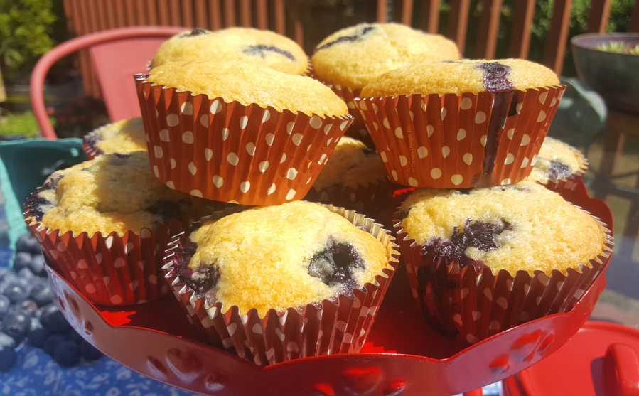 These blueberry muffins bake up nice and moist, bursting with blueberries.