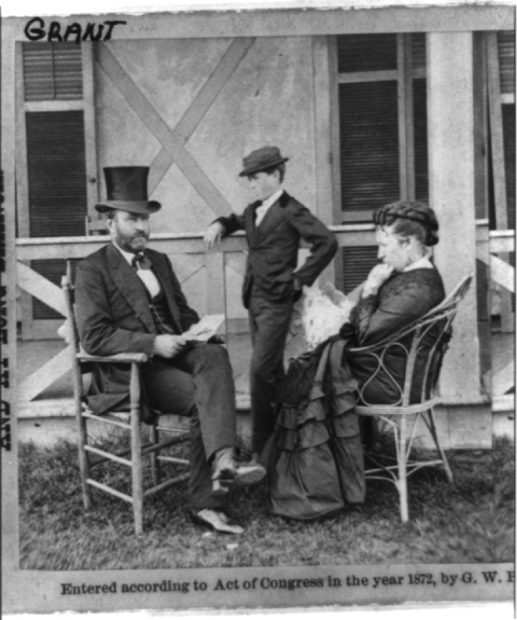 President Ulysses S. Grant on vacation in Long Branch, N.J., about 1873 with his family. He's seated on a porch with his wife, Julia, and son, Jesse. When he arrived in Vancouver six years later, he appeared paunchier, but he and his wife would likely have been dressed the same.