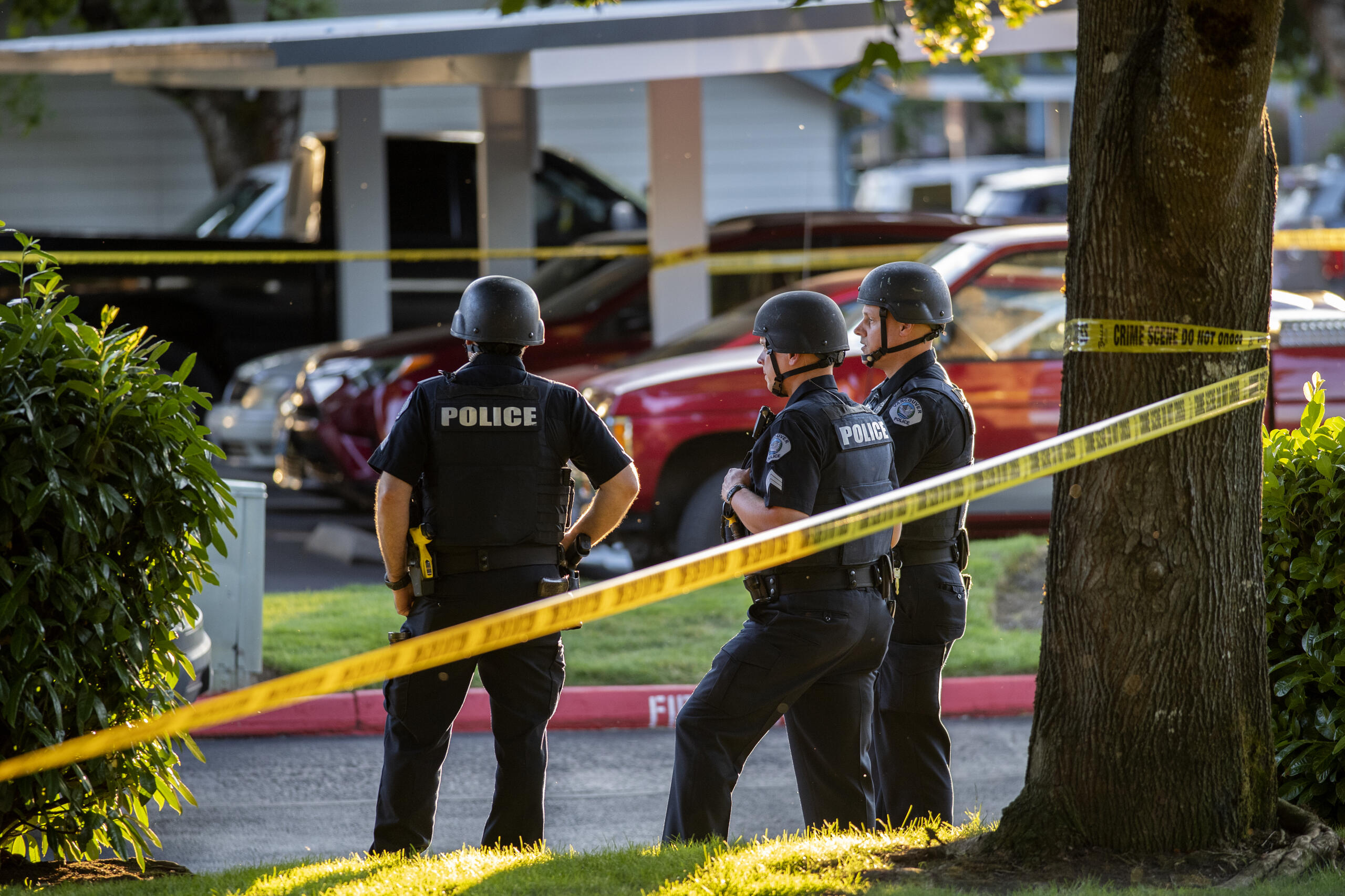 Law enforcement officers investigate the scene of a reported shooting at The Pointe Apartments on Friday evening, July 23, 2021.