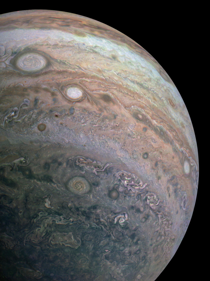 A Juno space probe passed below Jupiter and took this photograph of the giant planet's cloud bands on April 10, 2020.