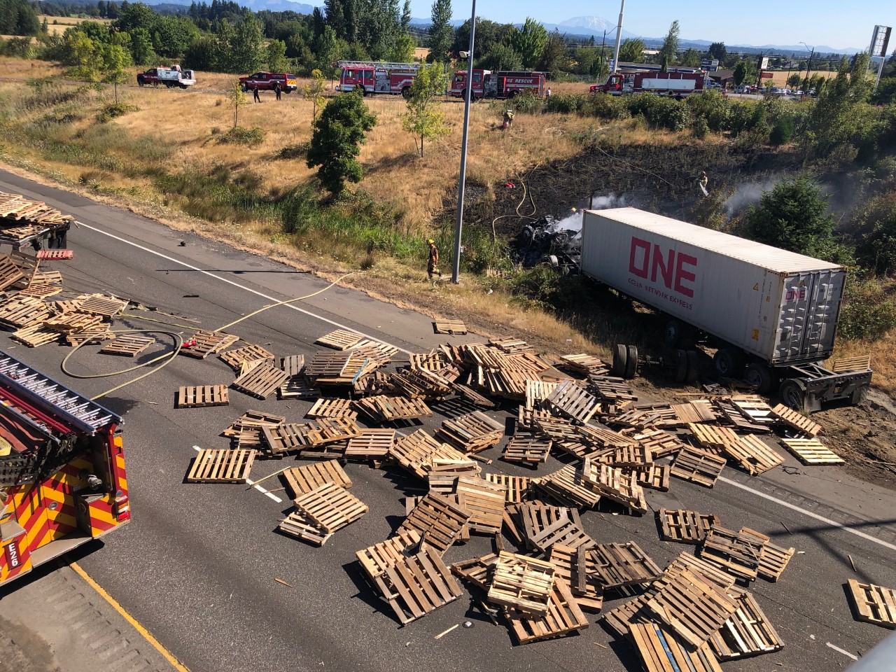 Two semis were involved in a crash on I-5 on Monday morning in the backup from an earlier crash on the Lewis River Bridge. One person was injured in the crash involving the semis.