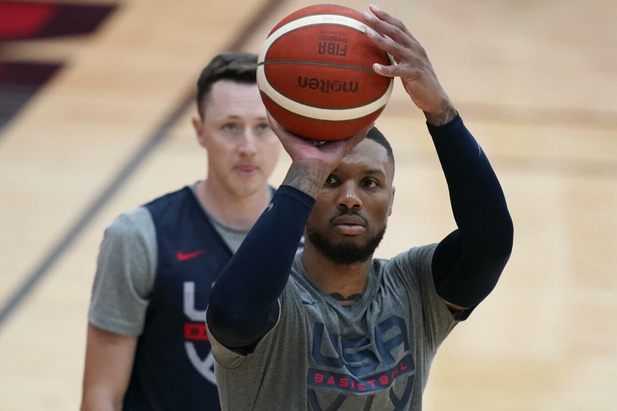 Damian Lillard shoots during practice for USA Basketball, Wednesday, July 7, 2021, in Las Vegas.