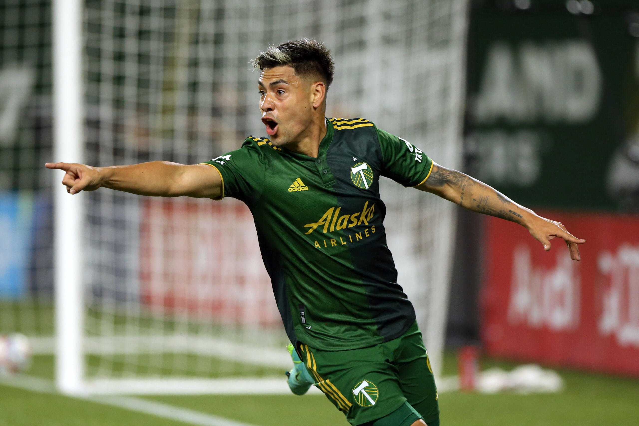 Portland Timbers forward Filipe Mora celebrates his header for a goal in extra time to give the Timbers a 2-1 win over Los Angeles FC in an MLS soccer match Wednesday, July 21, 2021, in Portland, Ore.