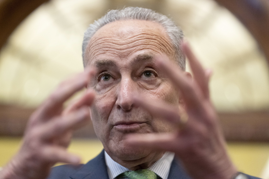 Senate Majority Leader Chuck Schumer of N.Y., speaks with reporters at the Capitol in Washington, Thursday, June 24, 2021. A bipartisan group of lawmakers have negotiated a plan to pay for an estimated $1 trillion compromise plan.