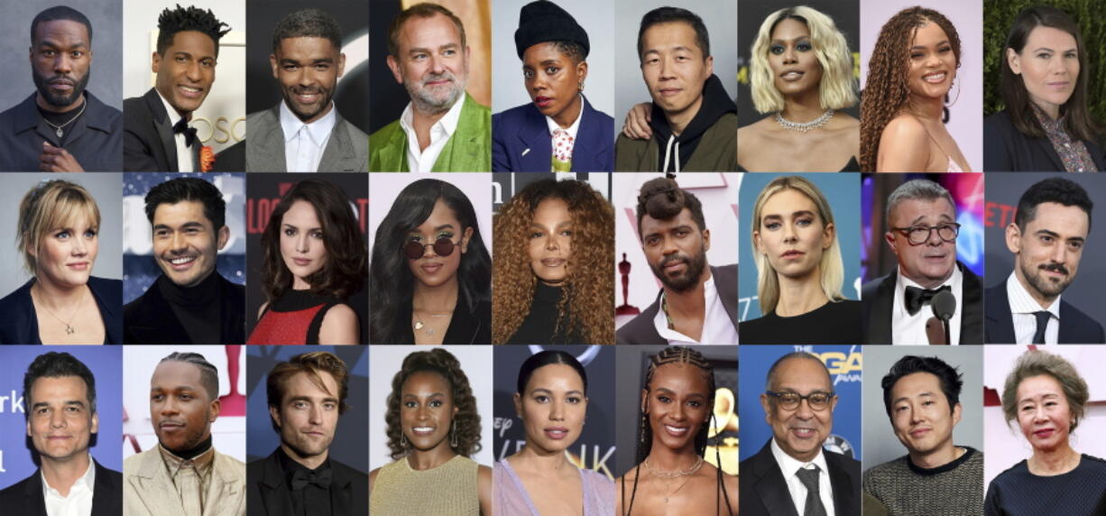 This combination photo shows some of the 395 artists who are invited to join the Academy of Motion Picture Arts and Sciences, top row from left, Yahya Abdul-Mateen II, Jon Batiste, Kingsley Ben-Adir, Hugh Bonneville, Janicza Bravo, Lee Isaac Chung, Laverne Cox, Andra Day and Clea DuVall, middle row from left, Emerald Fennell, Henry Golding, Eiza Gonz?lez, H.E.R., Janet Jackson, Shaka King, Vanessa Kirby, Nathan Lane and Luis Gerardo M?ndez and bottom row from left, Wagner Moura, Leslie Odom Jr., Robert Pattinson, Issa Rae, Jurnee Smollett, Tiara Thomas, George C. Wolfe, Steven Yeun and Yuh-Jung Youn.